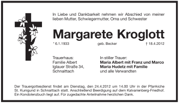 Traueranzeige von Margarete Kroglott von Pegnitz-Zeitung
